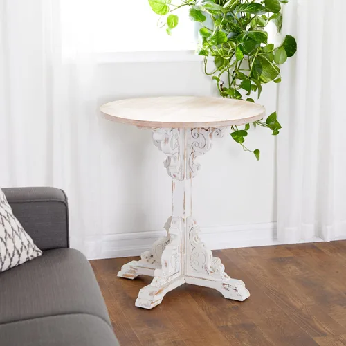 Vista 2 de Deco 79 - Mesa auxiliar de madera con desplazamiento lateral, mesa auxiliar tallada envejecida con parte superior de madera marrón, mesa auxiliar