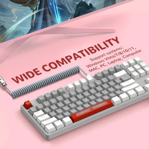 Vista 7 de Magic-Refiner AK873 Teclado para juegos, retroiluminación LED arcoíris, interruptor rojo lineal intercambiable en caliente, tecla PBT, diseño TKL