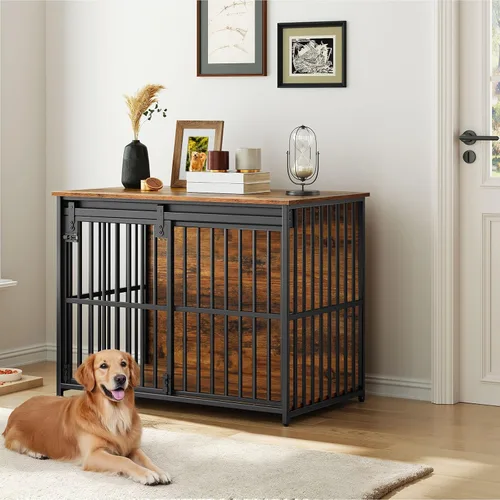 Vista 6 de HOOBRO Mueble de jaula para perros, perrera resistente de 36.6" con puerta de granero deslizante, jaula de madera para perros para interiores, mesa