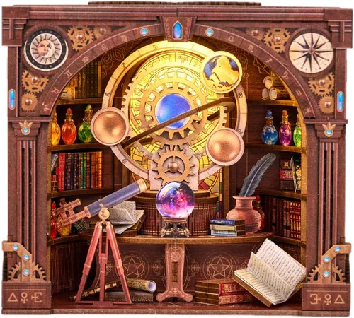 Vista 8 de Kit de Rincón de Libros, Sujetalibros Simple Booknook, Kit de Casa de Muñecas en Miniatura para Principiantes, Modelo de Rompecabezas 3D DIY con Luz