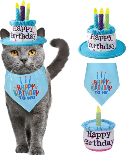 Vista 9 de Juego de sombreros y bufandas bandana para cachorros y gatos con velas coloridas azules para pequeños animes, suministros de fiesta de cumpleaños