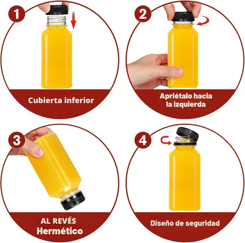 Vista 8 de Botellas de jugo de plástico con tapas 12 piezas - 355 ml Botellas reutilizables con tapas a prueba de manipulación negras - Botellas transparentes