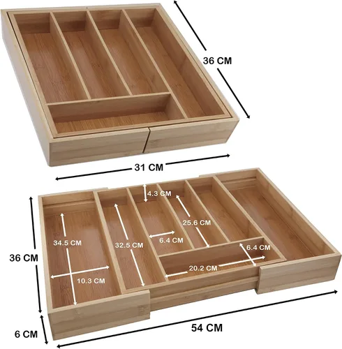 Vista 3 de Organizador de cajones de bambú, bandeja expandible para cubiertos, soporte ajustable para utensilios de 5 a 7 compartimentos, organizador de Madera