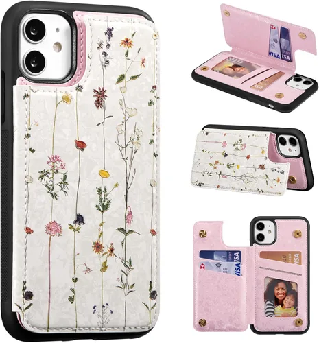 Vista 68 de UEEBAI Funda tipo cartera para iPhone 13 con tarjeteros, piel sintética, diseño floral, función atril, bloqueo RFID, doble cierre magnético, funda