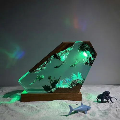 Vista 14 de Lámpara de Luz de Madera con Resina Epoxi Creativa del Océano, Lámpara de Océano Acuático Multicolor Hecha a Mano para Entusiastas del Buceo