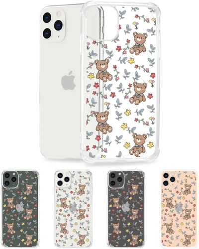 Vista 2 de Funda para teléfono compatible con iPhone 11, diseño de oso y flores, diseño de dibujos animados transparente para niñas y mujeres, bonito oso