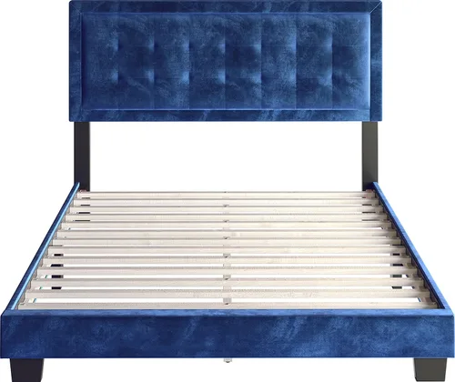 Vista 10 de Boyd Sleep Pisa - Base de cama de terciopelo azul tamaño Queen totalmente tapizada con cabecero ajustable, no requiere somier, fácil montaje, sin