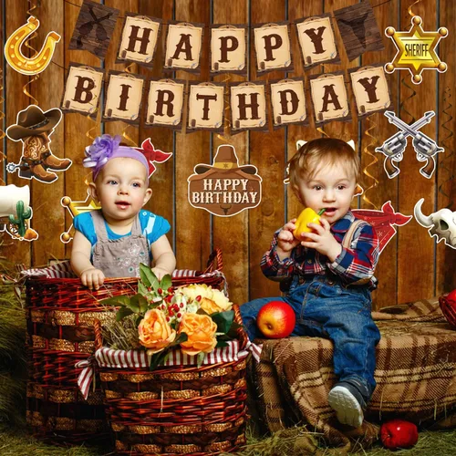 Vista 6 de Decoraciones de fiesta de vaquero, decoraciones de fiesta temática de vaquero incluyen pancartas de feliz cumpleaños de vaquero occidental
