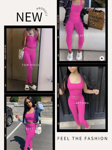 Vista 4 de Conjunto deportivo de 2 piezas para mujer, camiseta sin mangas de punto acanalado para yoga, leggings de cintura alta, conjuntos de ropa deportiva