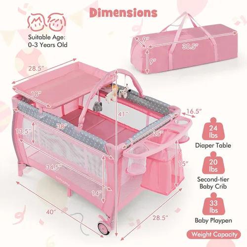 Vista 7 de BABY JOY 3 en 1 portátil Pack and Play con moisés, cuna de viaje convertible para bebé con cambiador, rueda de freno, Napper recién nacido