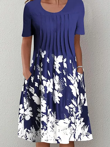 Vista 2 de Bahia Vestido de verano con estampado floral para mujer, casual, cuello redondo, manga corta, hasta la rodilla, vestido de playa con bolsillo