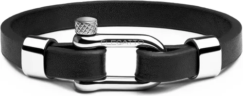 Vista 7 de Elegatto Morelle Pulsera de cuero premium para hombre Piel de grano entero color negro con cierre de grillete de acero inoxidable pulido