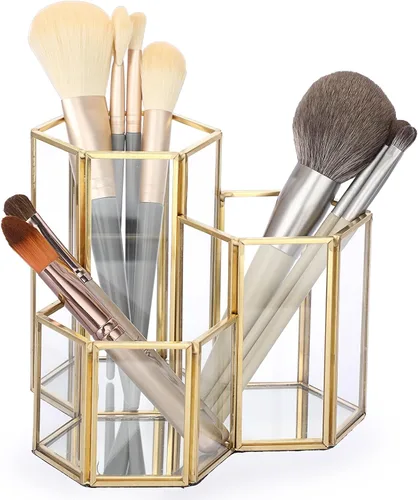 Vista 9 de Hipiwe Porta brochas de maquillaje de vidrio, 3 ranuras espejadas, organizador de brochas de cosméticos doradas, vitrina, caja de almacenamiento
