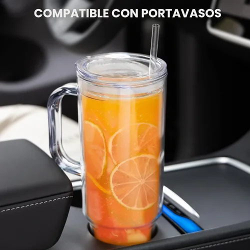 Vista 6 de Vaso de plástico de 40 onzas con asa y tapa de pajilla, vaso transparente, botella de agua de plástico reutilizable de doble pared al vacío, taza