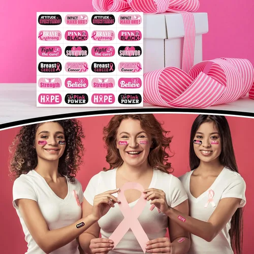 Vista 5 de Landhoow 240 piezas de tatuajes faciales para concientización sobre el cáncer de mama, cinta rosa a granel, tatuaje temporal, purpurina para ojos