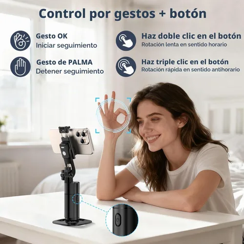 Vista 3 de Trípode de seguimiento facial automático con rotación de 360 grados para iPhone. Kit de vlogging de fotos para teléfono celular con control remoto
