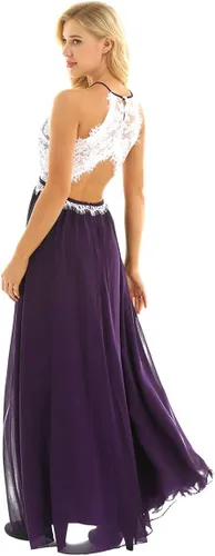 Vista 6 de iEFiEL Vestido de noche de gasa con cuello redondo y encaje en línea A para mujer