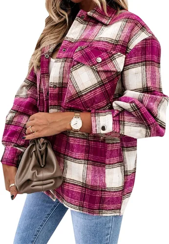 Vista 9 de Camisa de franela a cuadros para mujer, con botones, bolsillo a cuadros, casual, de manga larga Marrón