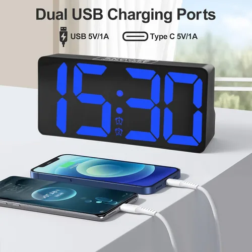 Vista 6 de PPLEE Reloj despertador para dormitorio con luz nocturna y dígitos atrevidos, reloj digital de 7 pulgadas con alarmas dobles y puertos de carga USB