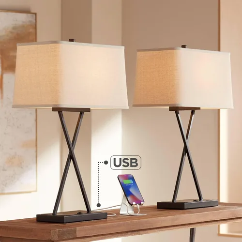 Vista 10 de Franklin Iron Works Megan - Juego de 2 lámparas de mesa modernas de 26.5 pulgadas de alto, con puerto de carga USB, LED, bronce, rectangular