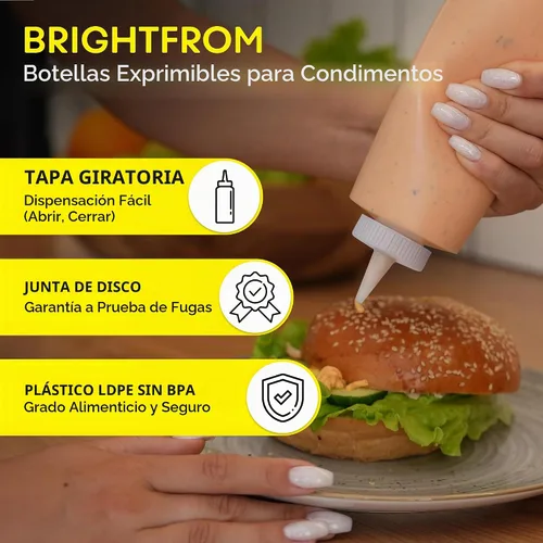 Vista 3 de BRIGHTFROM Botellas exprimibles de condimentos de 16 onzas de cuello ancho, botellas vacías para chorros – Tapa superior extraíble, a prueba