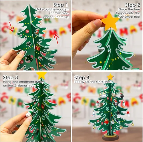 Vista 4 de Decoración de escritorio de Navidad de madera, calendario de Adviento de árbol de Navidad, decoraciones de mesa de Navidad con adornos