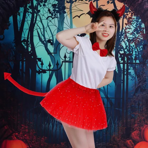 Vista 7 de Halloween Devil Costume Tutu Set Devil Horn Headband Tail Bowtie Tutu Skirt Demon Cosplay Dress Up Party Prop