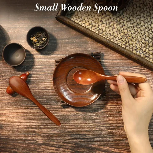 Vista 4 de Juego de 2 cuencos de madera para alimentos, pequeños cuencos de madera con cucharas de madera para postre aperitivos, sopa, juego de vajilla
