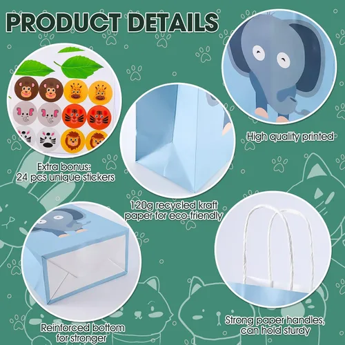 Vista 4 de Paquete de 24 bolsas de regalo para fiestas de animales, bolsas de regalo para niños para fiesta de cumpleaños, bolsas de regalo de papel coloridas