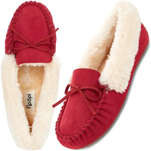Vista 39 de Floopi Pantuflas para mujer, forro de piel sintética suave con espuma viscoelástica acogedora, pantuflas de casa para mujer con suela antideslizante