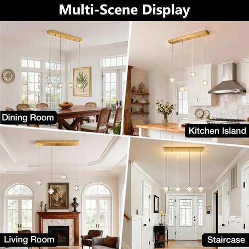 Vista 6 de Lámparas colgantes de oro cepillado de 4 luces para isla de cocina moderna, lámparas colgantes de globo de cristal para comedor sobre mesa, lámparas
