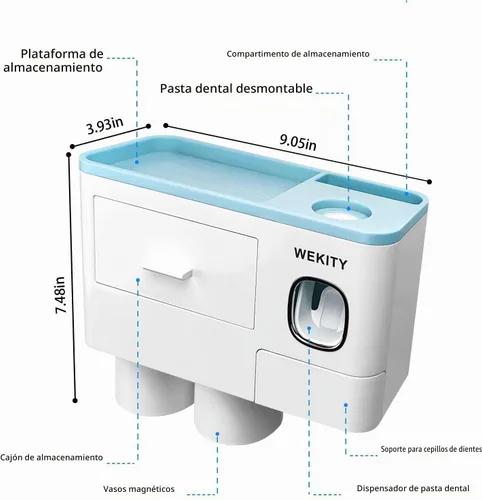 Vista 7 de Soporte multifuncional para cepillos de dientes montado en la pared, dispensador automático de pasta de dientes que ahorra espacio para cepillos