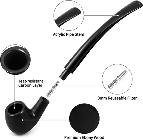 Vista 10 de Joyoldelf Pipa de tabaco, pipa de madera de lujo para fumar con soporte para pipa, tubos de tabaco de ébano para fumar con raspador de pipa, caja