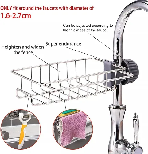Vista 3 de Estante para grifo de acero inoxidable, tipo colgante, adecuado para fregadero de cocina, estante de almacenamiento para fregadero de baño, se puede