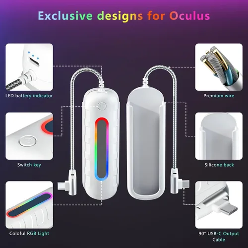 Vista 9 de Saqico Battery Pack for Oculus Quest 2/3/3S, 5000mAh Extended Power with Multi-Colors RGB Lights, Lightweight and Portable VR Extend Power