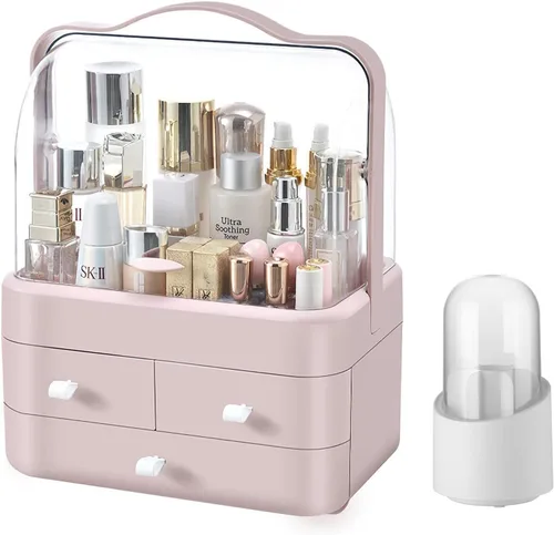 Vista 9 de Organizador de maquillaje grande con soporte para pinceles, organizador de cuidado de la piel impermeable y a prueba de polvo con tapa y cajones