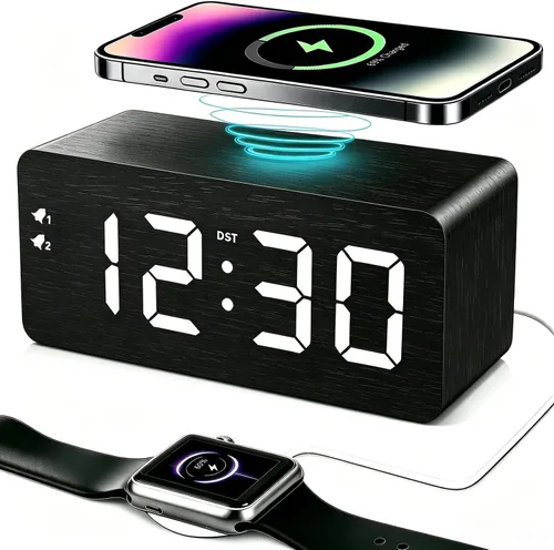 Vista 11 de URAYCO Reloj despertador digital de madera con cargador inalámbrico rápido de 10W, puertos de carga USB, DST, atenuable, modo repetición, pantalla