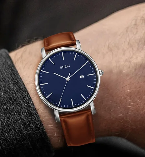 Vista 6 de BUREI - Reloj de pulsera analógico para hombre con fecha, extensible de malla de acero inoxidable