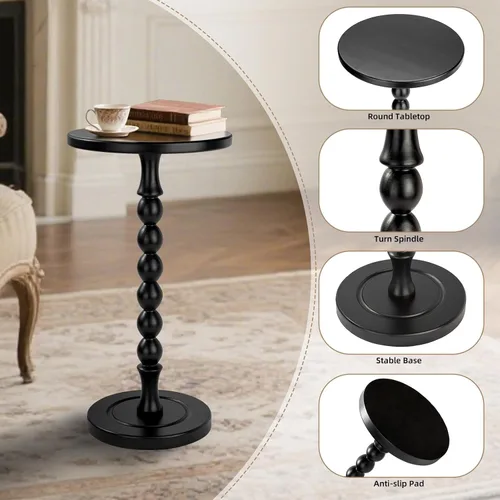Vista 5 de Mesa auxiliar redonda para espacios pequeños, mesa de bebidas con pedestal de madera de roble, mesa auxiliar moderna para sala de estar, dormitorio