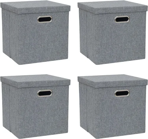 Vista 10 de Contenedores de almacenamiento con tapas, cajas plegables de tela de lino, contenedores organizadores con tapa, cesta de almacenamiento plegable