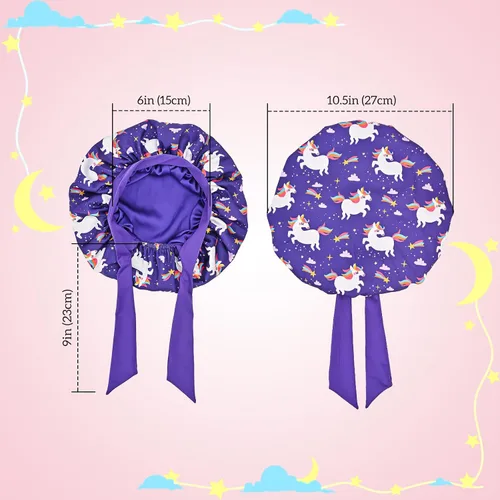 Vista 4 de Lolalet 2 piezas de cofias para niñas, cofia reversible de seda para dormir, cofia de satén con banda elástica ancha - Morado y Rosa A -Púrpura+Rosa