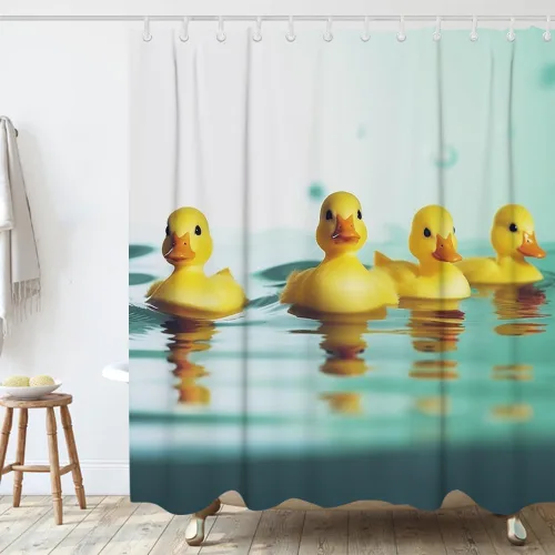 Vista 2 de Divertidos cortinas de ducha de tela con diseño de pato chirriante amarillo con 12 ganchos, 72 x 72 pulgadas, poliéster, lavable a máquina, amarillo