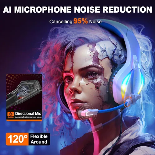 Vista 2 de Krysenix PG1 - Auriculares para juegos para PS4PS5PCXbox One, auriculares USB con sonido de micrófono estéreo AI, auriculares de computadora