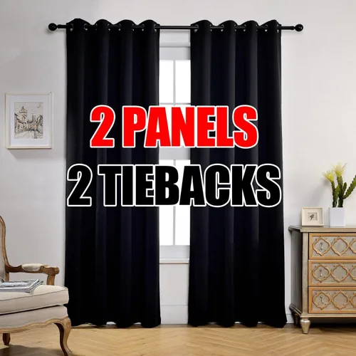 Vista 27 de Set de 2 cortinas para ventana, de Miuco, opacas, con ollaos, para recámara, incluye 2 alzapaños