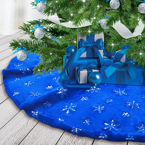 Vista 2 de Atiming Falda de árbol de Navidad azul de felpa de 30 pulgadas, falda de árbol de Navidad de piel azul oscuro con lentejuelas plateadas, copo