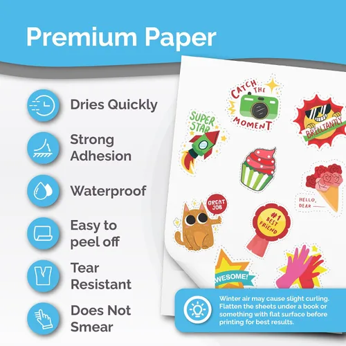 Vista 2 de Papel de pegatinas de vinilo imprimible premium para impresora de inyección de tinta y láser - 32 hojas autoadhesivas, blanco brillante