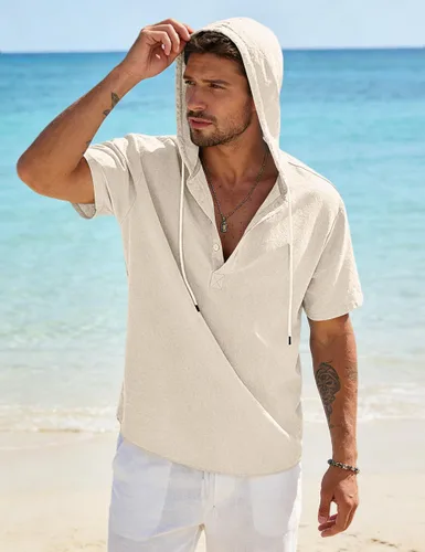 Vista 4 de Sudaderas con capucha de algodón y lino para hombre, camisa de manga corta con botones, camisa de verano hawaiana con cordón