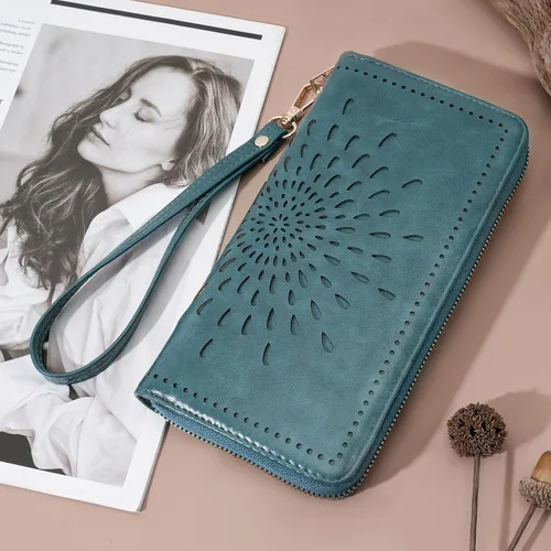 Vista 2 de APHISON Billetera para mujer, gran capacidad, monedero, tarjetero, RFID, pulsera, teléfono, cremallera, moneda, bolsillo de viaje azul