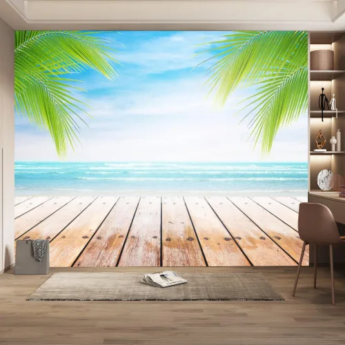 Vista 11 de Mural de pared 3D Ocean Beach, paisaje tropical, papel tapiz autoadhesivo extraíble para sala de estar, dormitorio, decoración de pared, 59 pulgadas