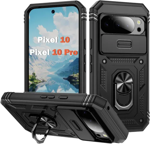 Vista 198 de PASNEW Funda militar para iPhone 13 Pro Max, cubierta de cámara deslizante y soporte de anillo de metal de 360°, carcasa rígida multicapa resistente
